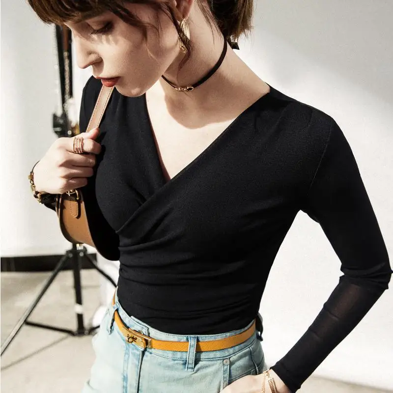 

Топ женский хлопковый с V-образным вырезом и длинным рукавом, DN10085