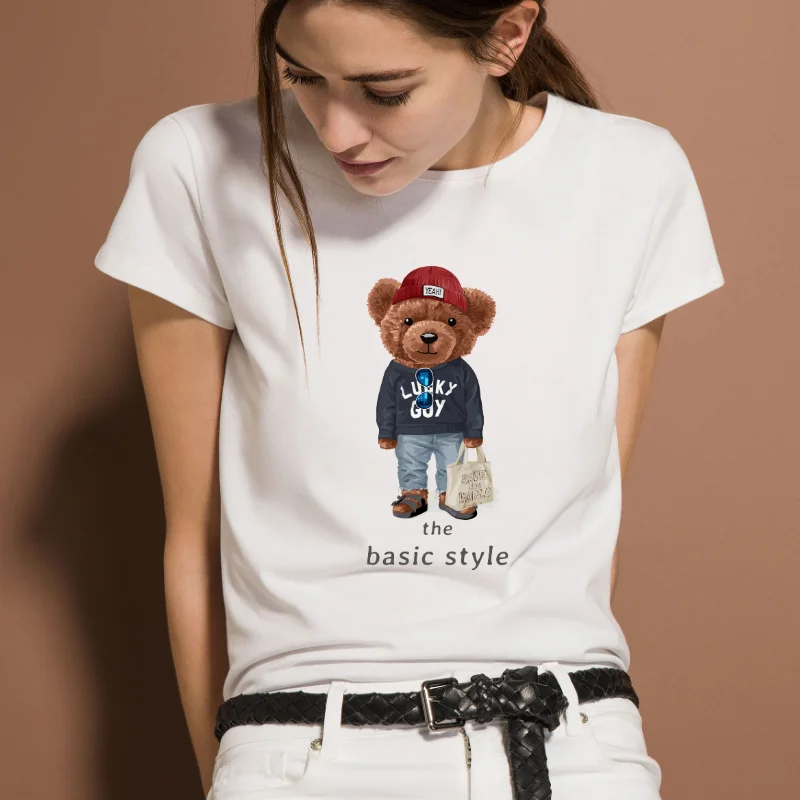 

Bear Harajuku Women's T-shirt 2021 Summer Round Neck Short Sleeve Casual Fashion Top Cartoon Cute Bear Print Female Clothing