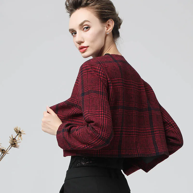 

Office Ladies Wool Jacket Red Plaid Elegant Slim Women' Winter Jackets Ultra-short Coat