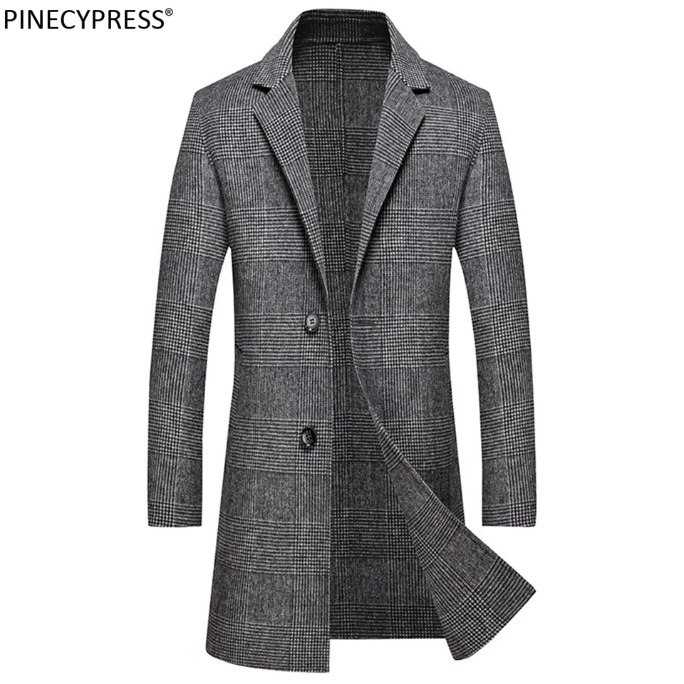 

Man Wool Long Coats Single Breasted Quality Buttons Male Crease Resistant Plaid Trench Pockets Men Double-faced Woolen Overcoat