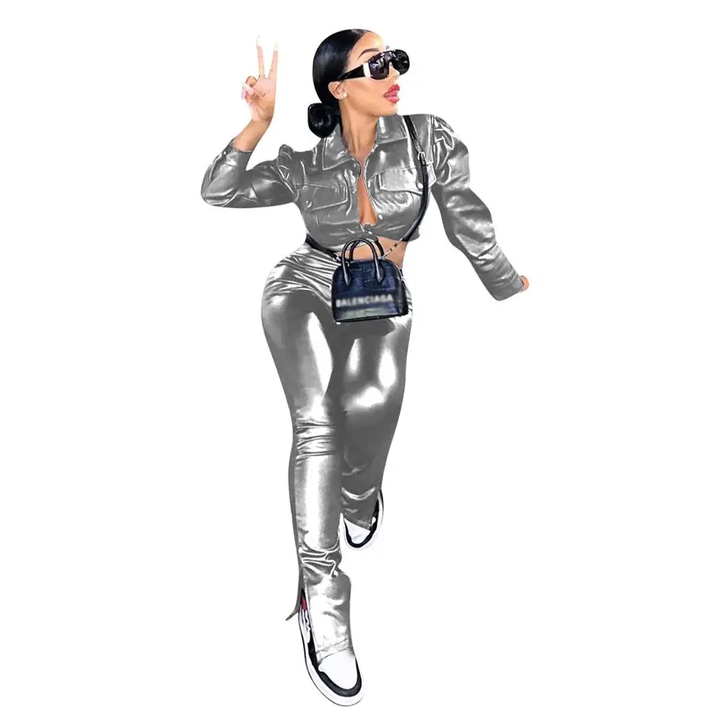 

tracksuit women jogging femme two piece set womens outfits joggers set women crop top PU leather jacket and pants set