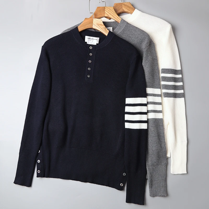 

TB 2021 Fashion THOM Brand Sweaters Men Slim Fit O-Neck Pullovers Clothing Waffle Striped Wool Solid Autumn Winter Casual Coat