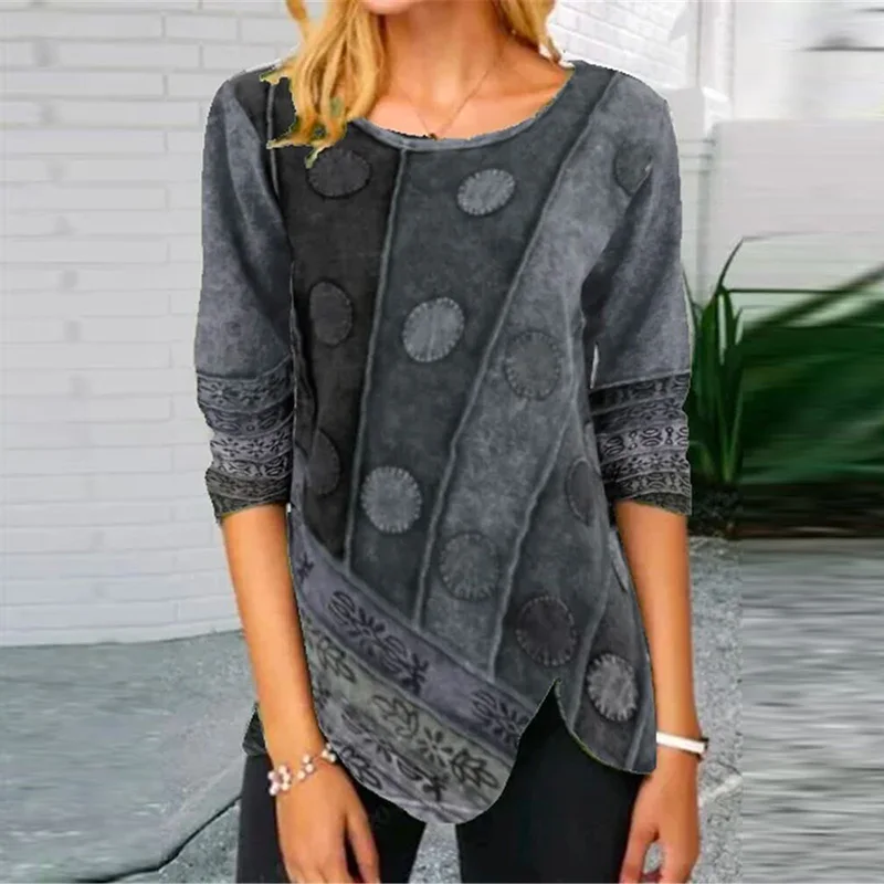 

Retro Printed Side Button Irregular Shirt 2020 Autumn Elegant O Neck Patchwork Top Autumn Long Sleeve Women Blouses Pullover 5XL
