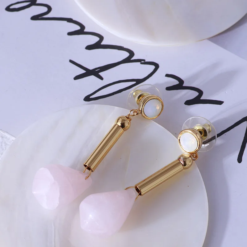 

European and American Jewelry Wholesale Fashion Simple High Sense Long Inlaid Pink Stone Earrings for Women
