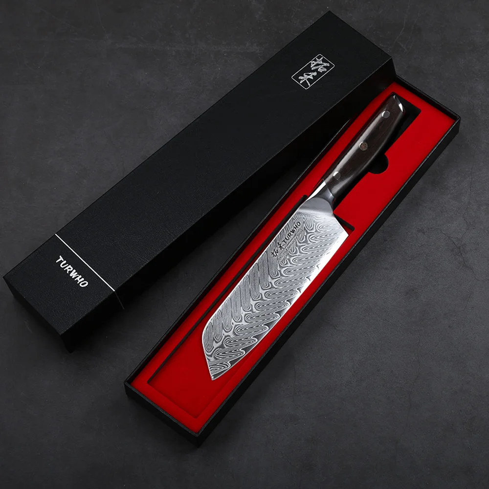 TURWHO, 7 дюймов, японские ножи шеф-повара, дамасская сталь, ножи Santoku, для мяса, фруктов, овощей, Профессиональный кухонный нож
