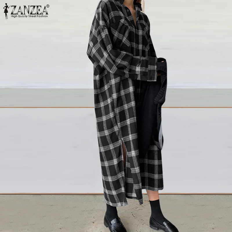 

ZANZEA Checked Printed Korean Sundress Women Elegant Long Sleeve Shirt Dress Autumn Oversized Grid Button Kaftan Female Holiday