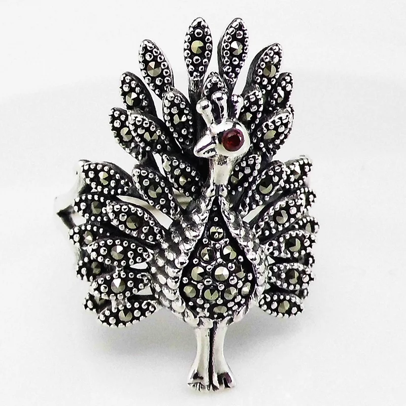 

FNJ 925 Silver Ring MARCASITE New Fashion Peacock opening Original S925 Sterling Silver Rings for Women Jewelry Adjustable Size