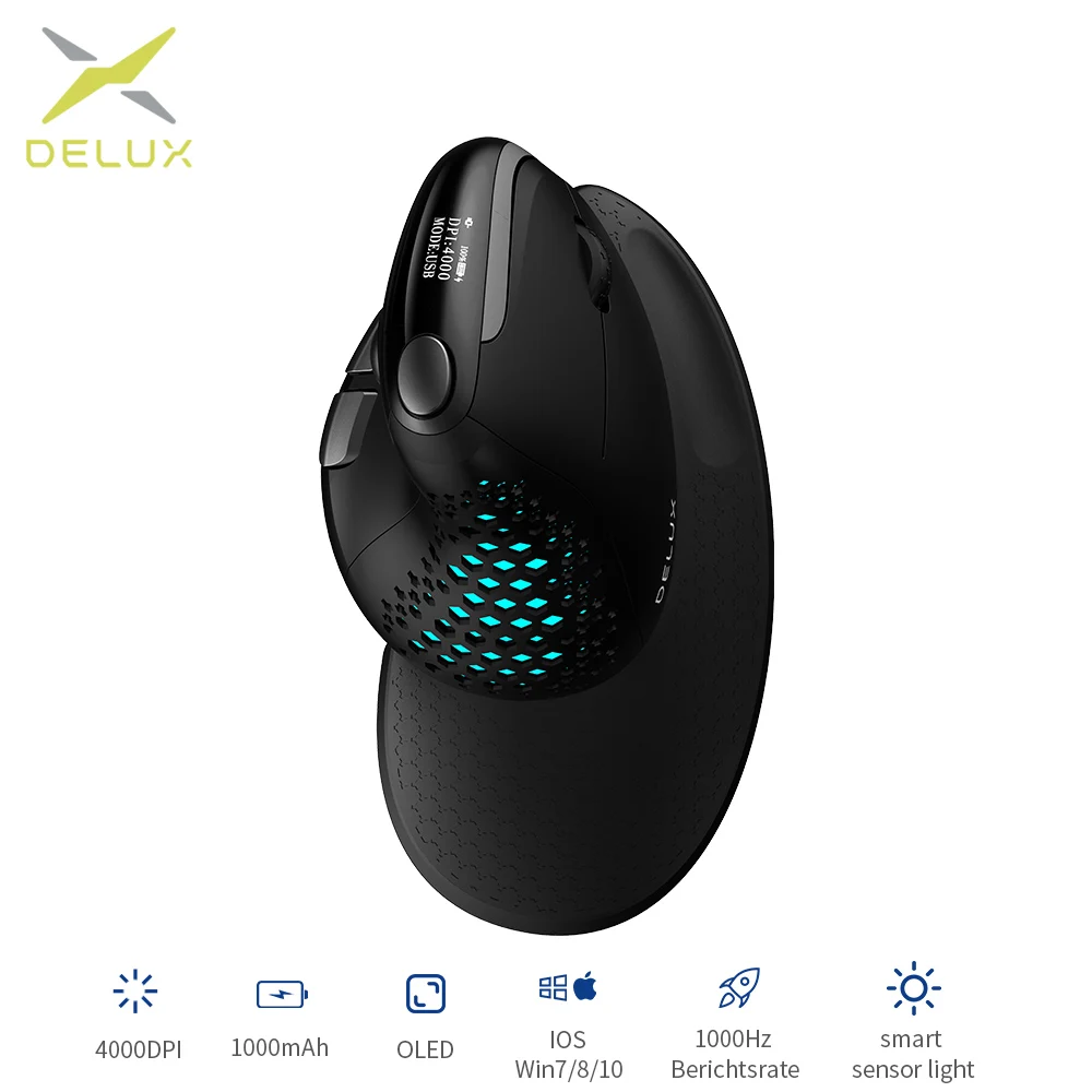 Эргономичная Вертикальная мышь Delux Seeker M618XSD с OLED-экраном Беспроводная USB + BT 1000