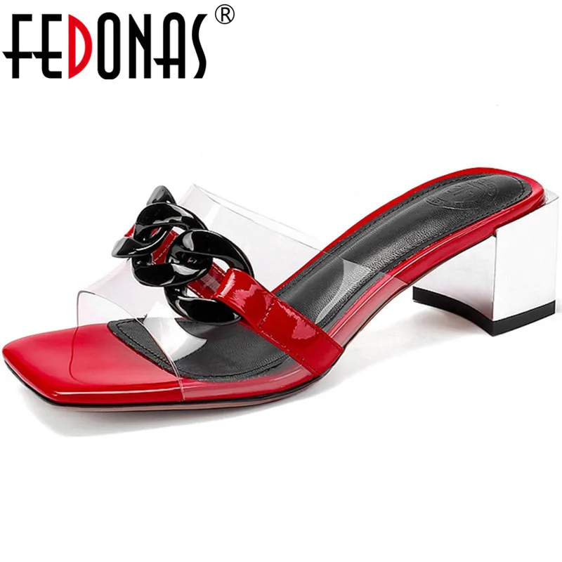 

FEDONAS Concise Cool Genuine Leather Sandals For Girls Metal Decoration Thick Heels Pumps 2021 Newest Party Dancing Shoes Woman