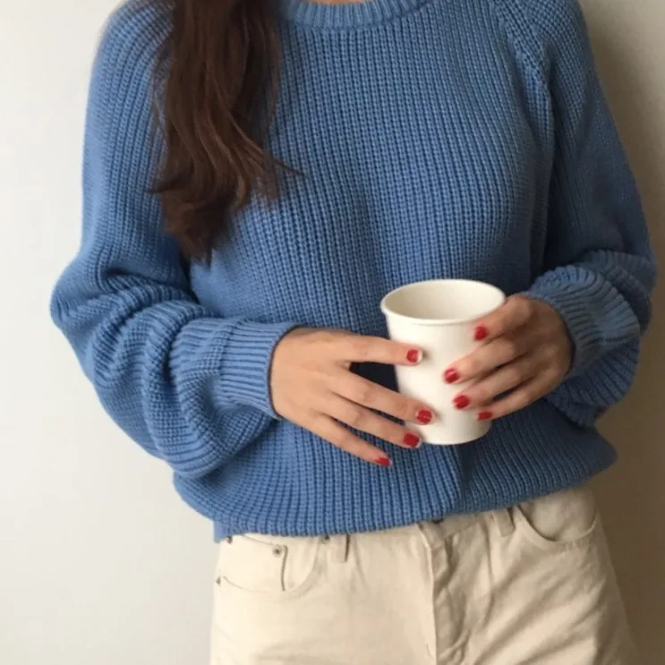 Модный женский вязаный свитер с длинным рукавом однотонный пуловер круглым