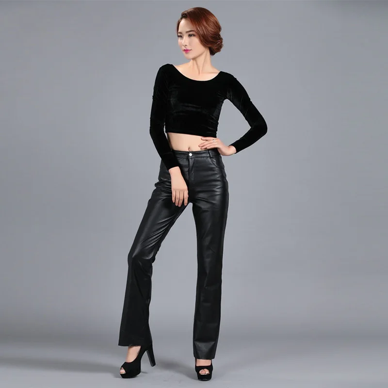 

Ladies' Bell-bottom Sheepskin Genuine Leather Zipper Fly Mid Waist Slim Hip Casual Pants Women Flare Trousers