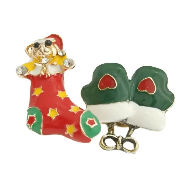 

2Pcs/SetUnisex Xmas Gift Christmas Brooches Small Enamel Bear Socks Glove Brooch Pin Women Men Jewelry