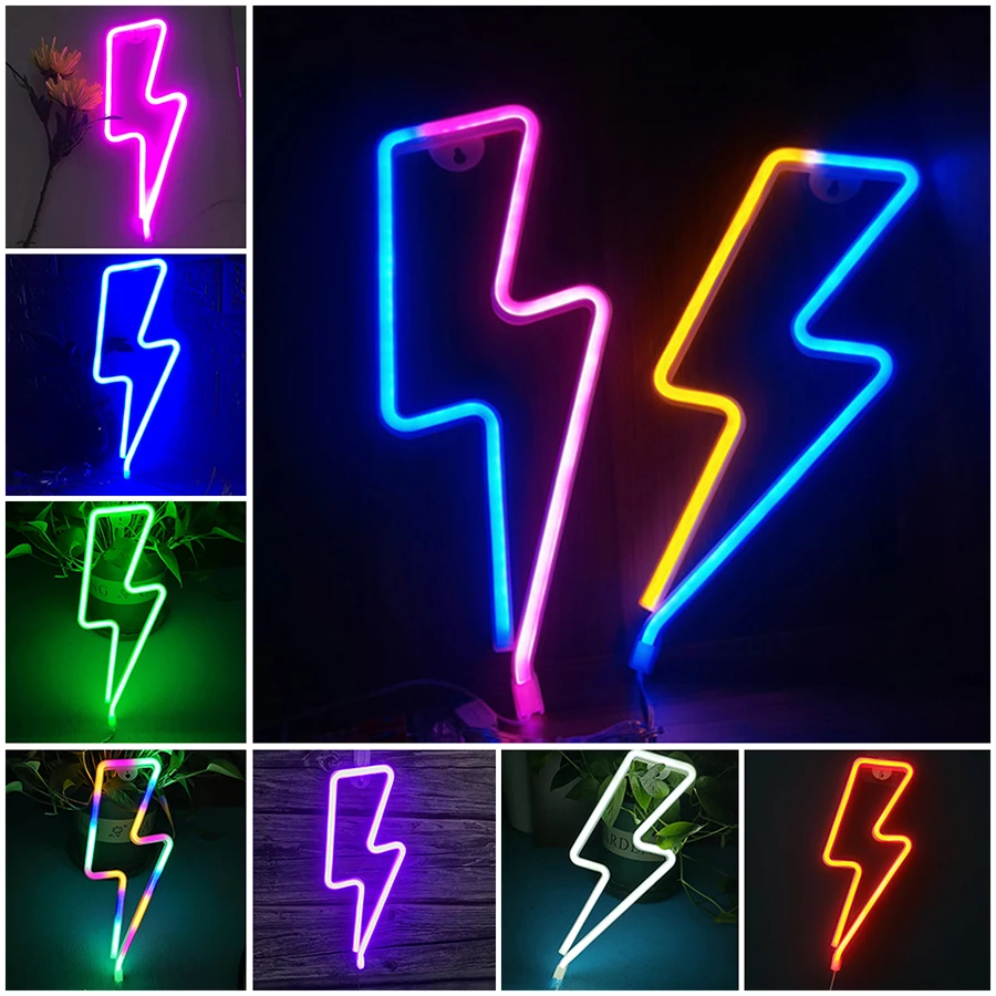 Lightning Neon Sign Lights LED Flash Shape Table Wall Lamp Nightlight Decoration Home Party Birthday USB & Battery Box Powered