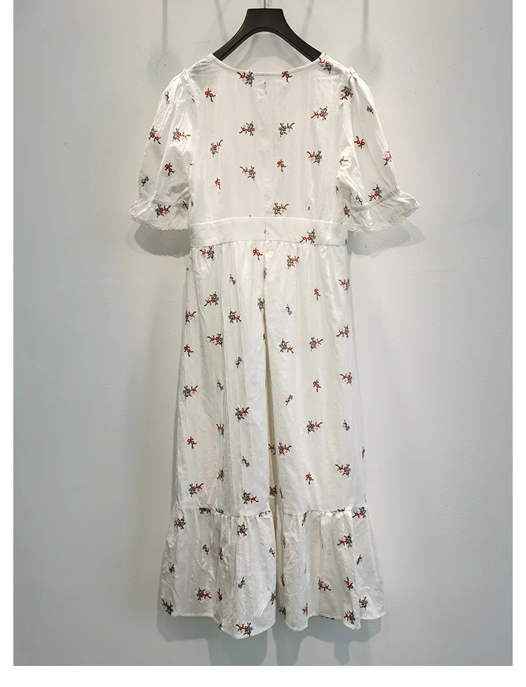

High Quality Spring and Summer New Heavy Industry Flower Embroidery Cotton Short-sleeved Dress Long Dress Women