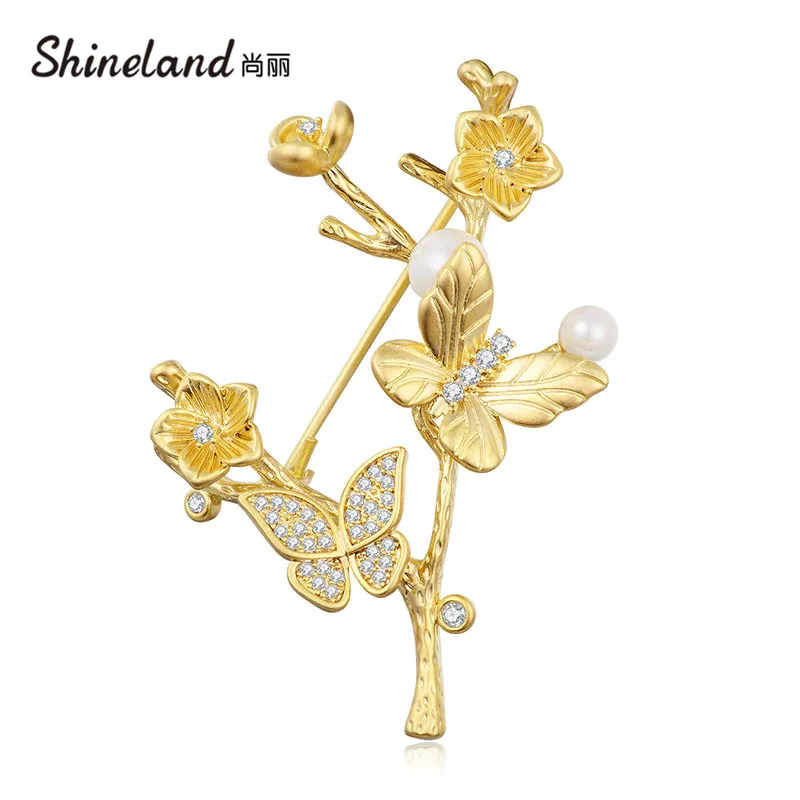 

Shineland 2021 New Popular Gold Color Butterfly Flower Pearl Rhinestone Brooch Pin Female Wedding Pins Brooches For Women Gift