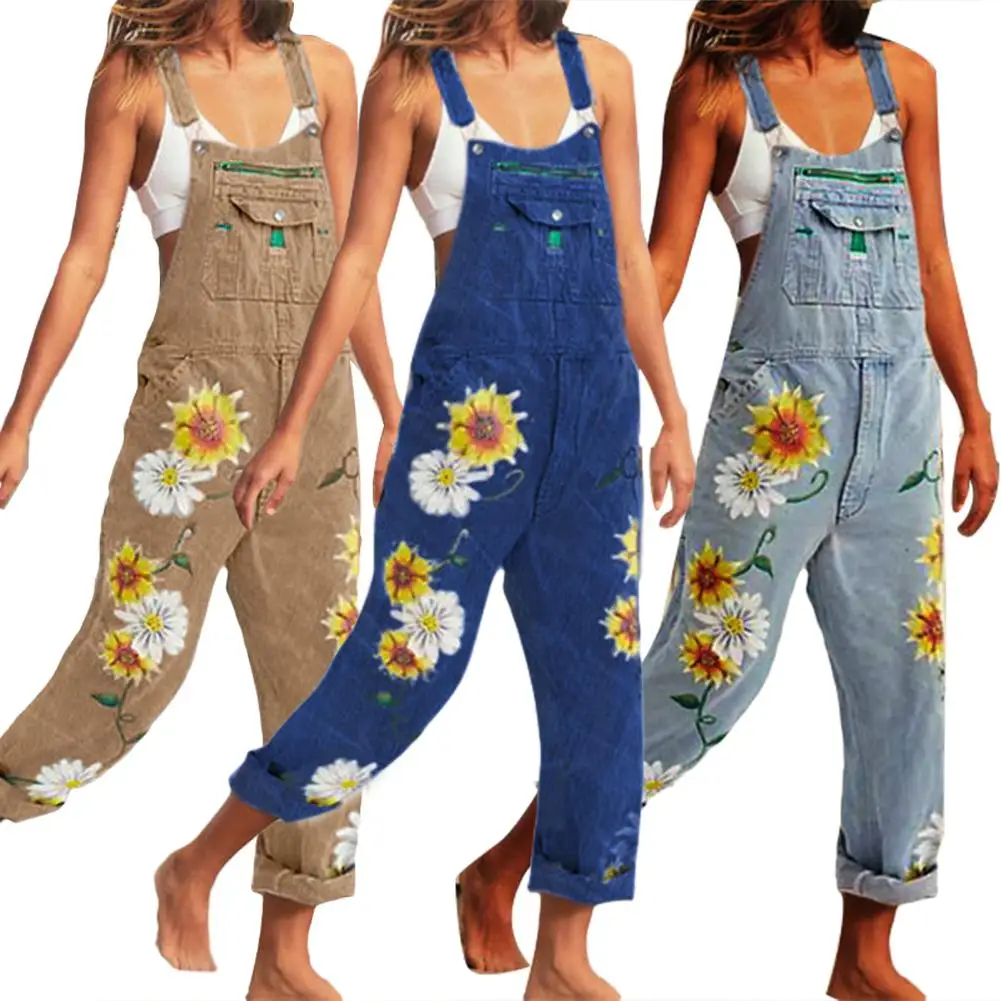 

Overalls S-5XL Summer new Women Casual Bib Overall Dungarees Sunflower Print Pockets Denim Loose Overalls Playsuit Trousers