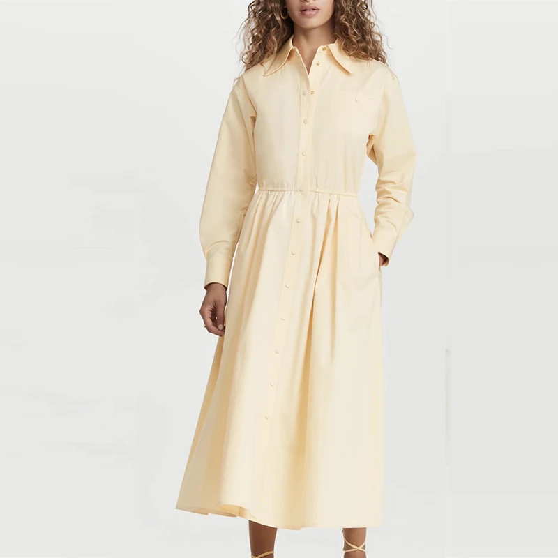 

KUMSVAG Women Summer Casual Solid Shirts Dress 2021 Full Sleeve Turn-down Collar A-Line Female Elegant Mid-Calf Dresses Clothes