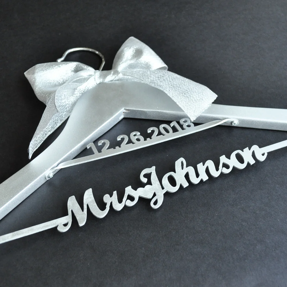 

Silver Wedding Hanger Bridal Dress Mrs Name Hanger, Personalized Bride Bridesmaid Hanger with Date, Bridal Shower Gift