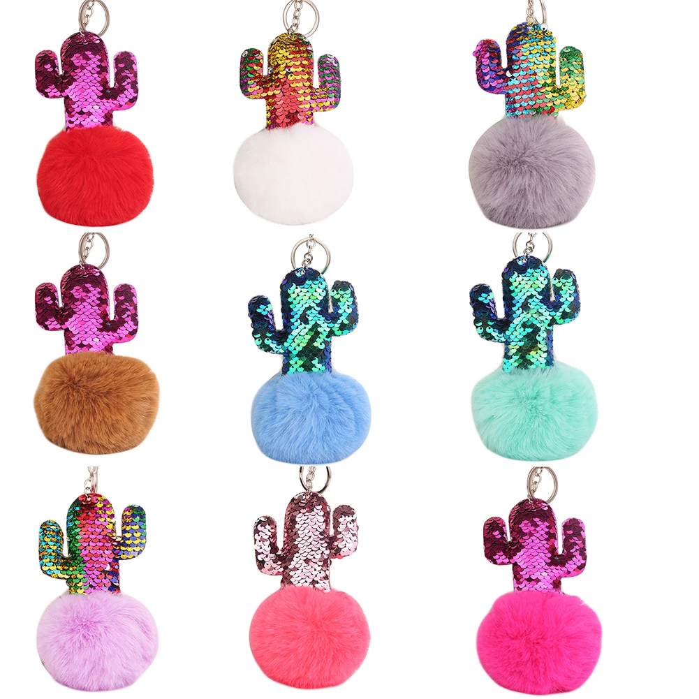 Блестки кактус искусственный мех мяч брелок для ключей автомобиля Женская