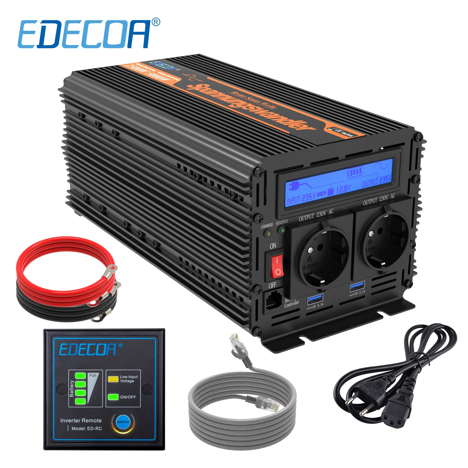 EDECOA UPS inverter pure sine wave 2500W DC 12v to AC 220v с пультом дистанционного управления