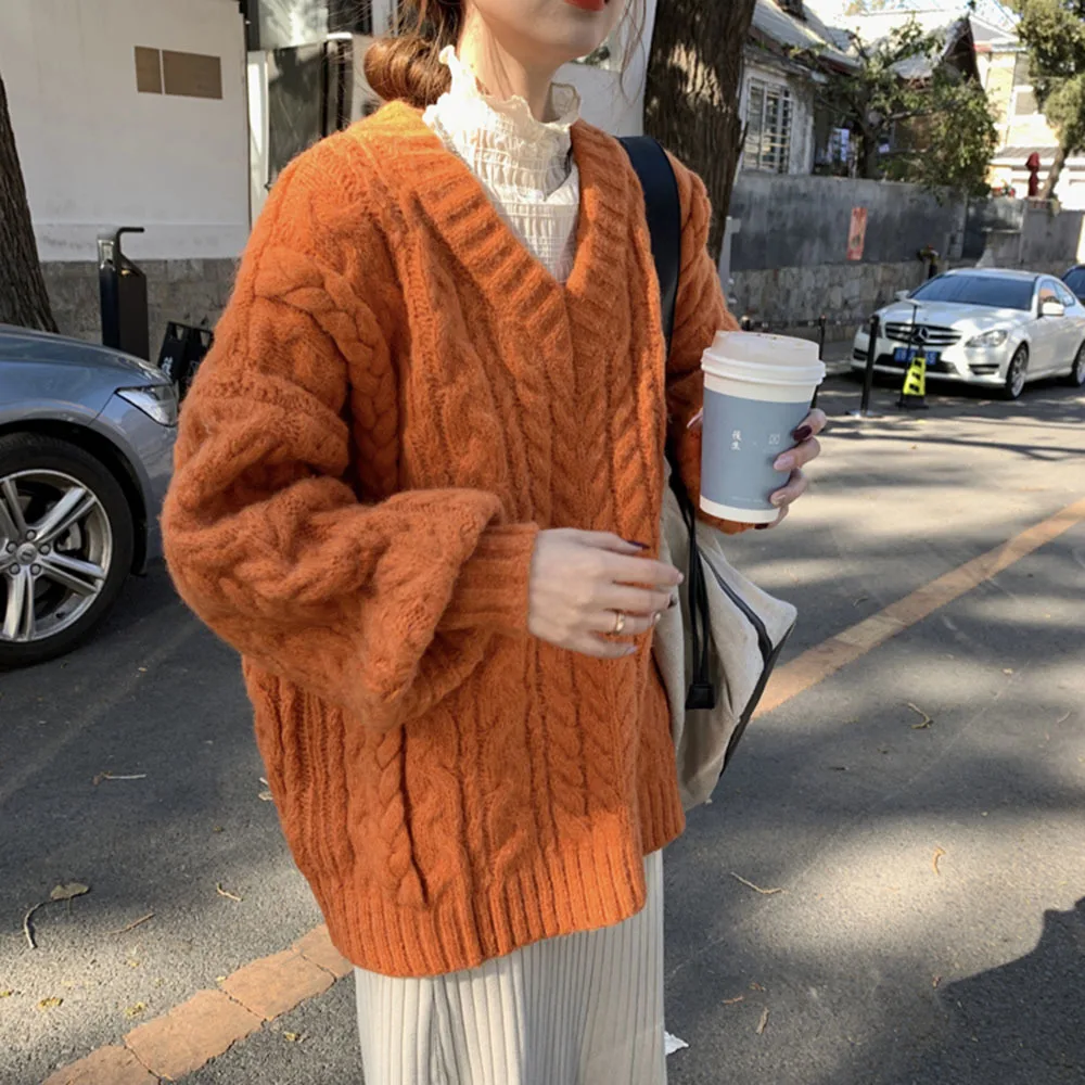 

Autumn Winter New Comfortable Pullovers Women V-neck Elegant Simple Solid Loose 4 Colors Feminine College Fashion Chic Sweaters
