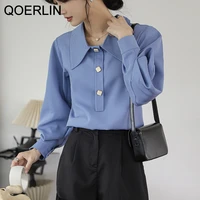 qoerlin back lace up tops shirts french retro shirt women lantern sleeves loose lapel blouse casual solid tops shirts