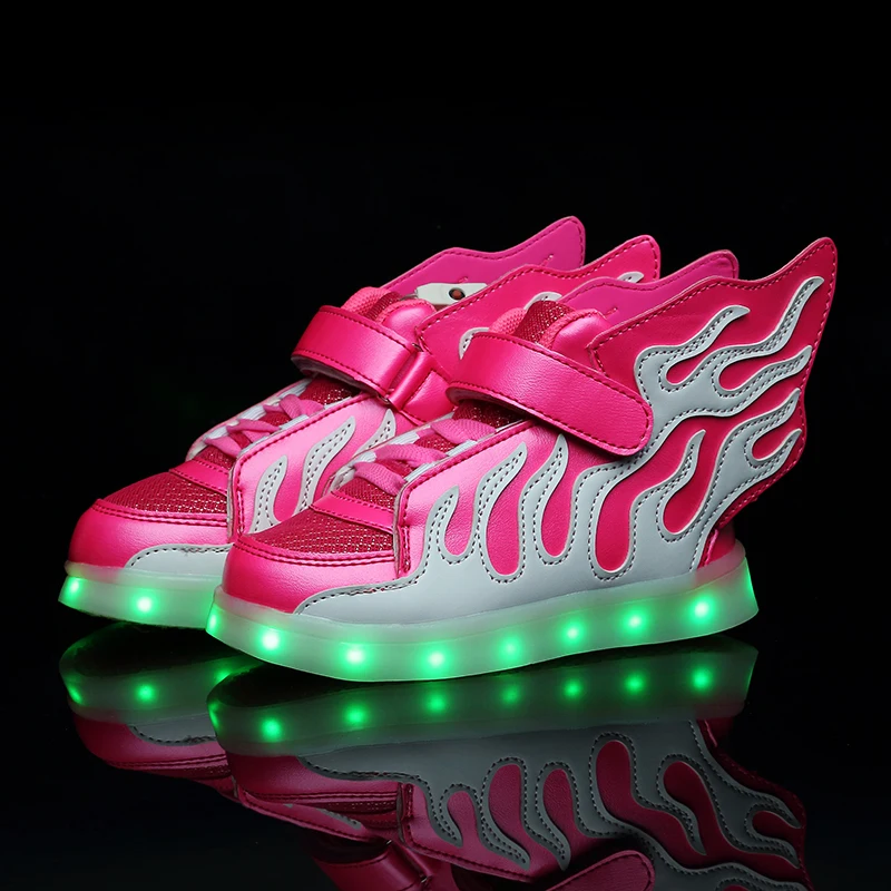 

2018 New Hot Pink Kids Shoes Boys Girls Fashion LED Lights USB toddler Luminous Wings Sneakers Children Comfortable Flats Sports