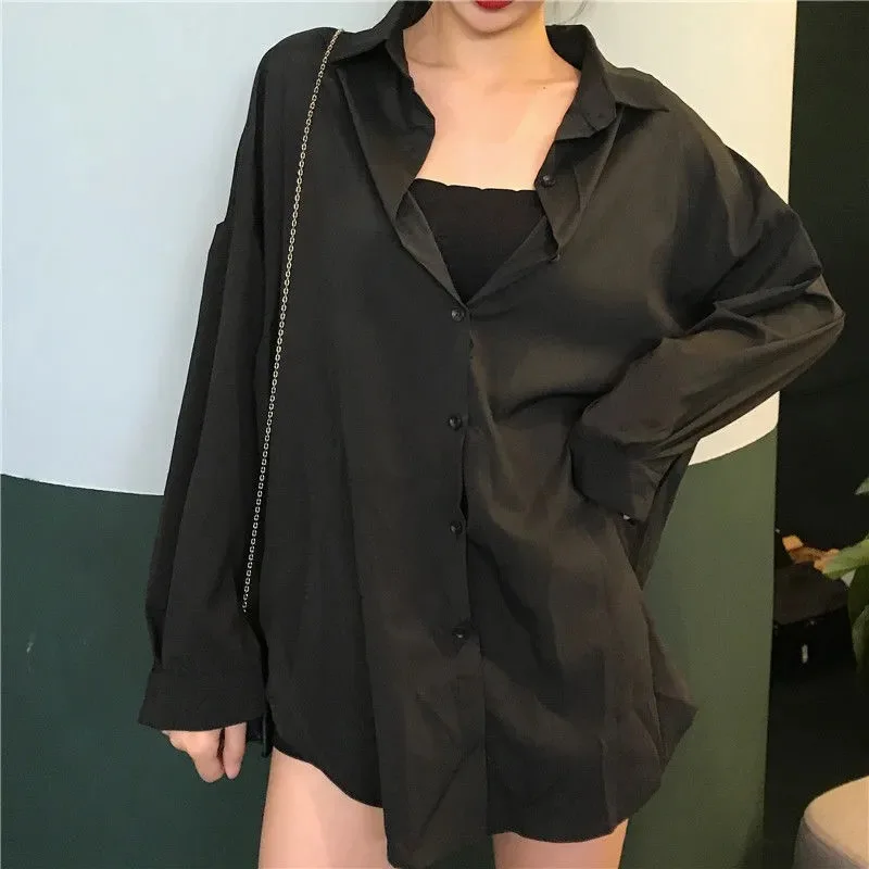 Black Shirts Oversize Vintage Harajuku Chic Women Blouse Korean Style Long Sleeve Casual Tops Autumn Femme Streetwear