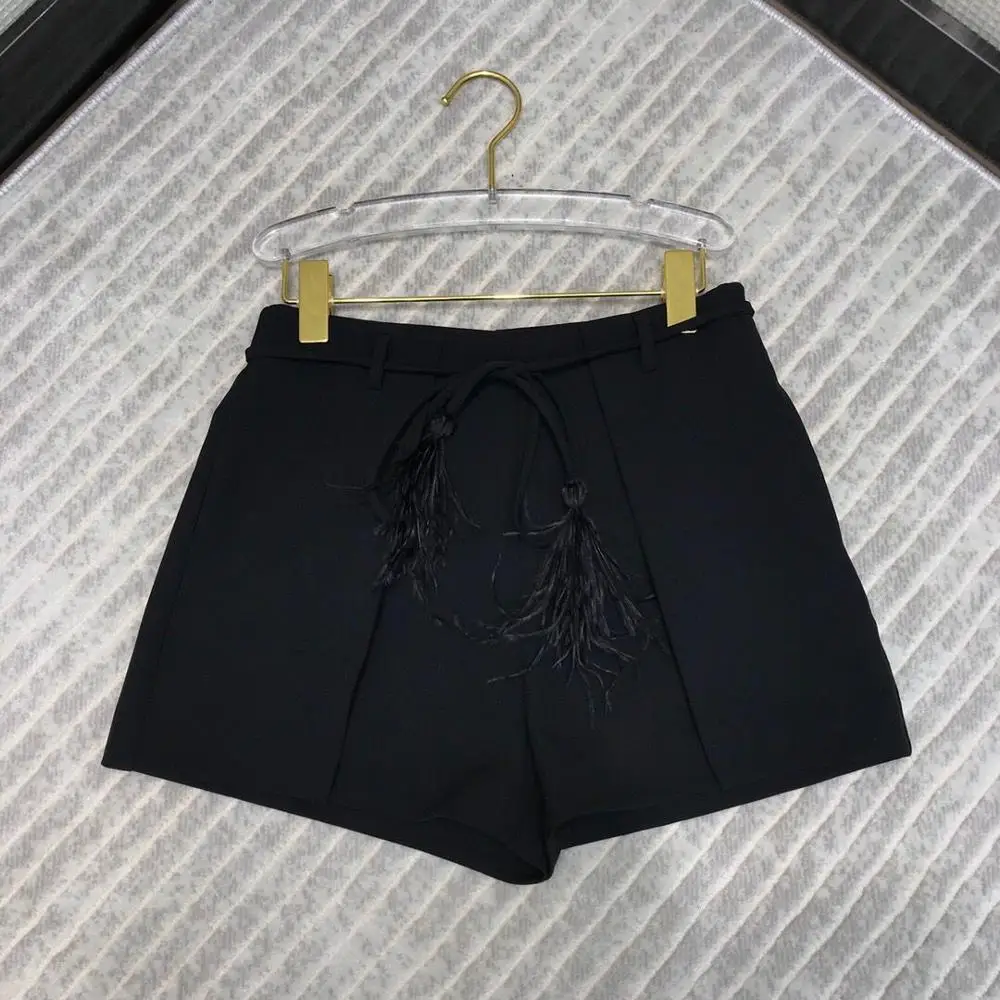 

Шорты женские однотонные с высокой талией, милые модные дизайнерские штаны с поясом и перьями, лето 2020