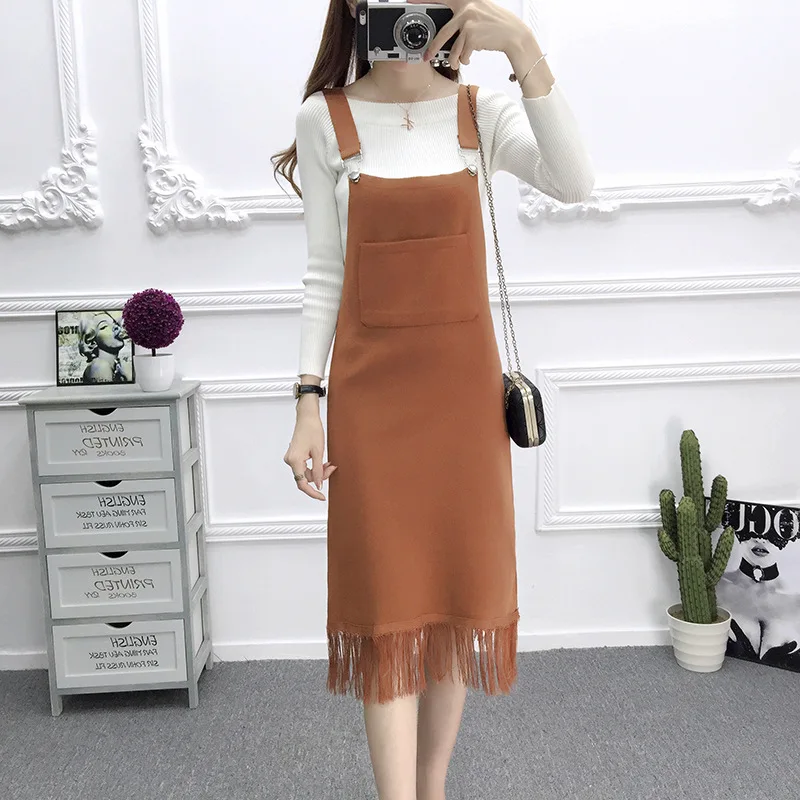Vest skirt Khaki Корейский элегантный свитер жилет платье для женщин винного цвета сплит галстук свободные вязаные платья осенние женские повседневные платья - Цвет: Vest skirt Khaki