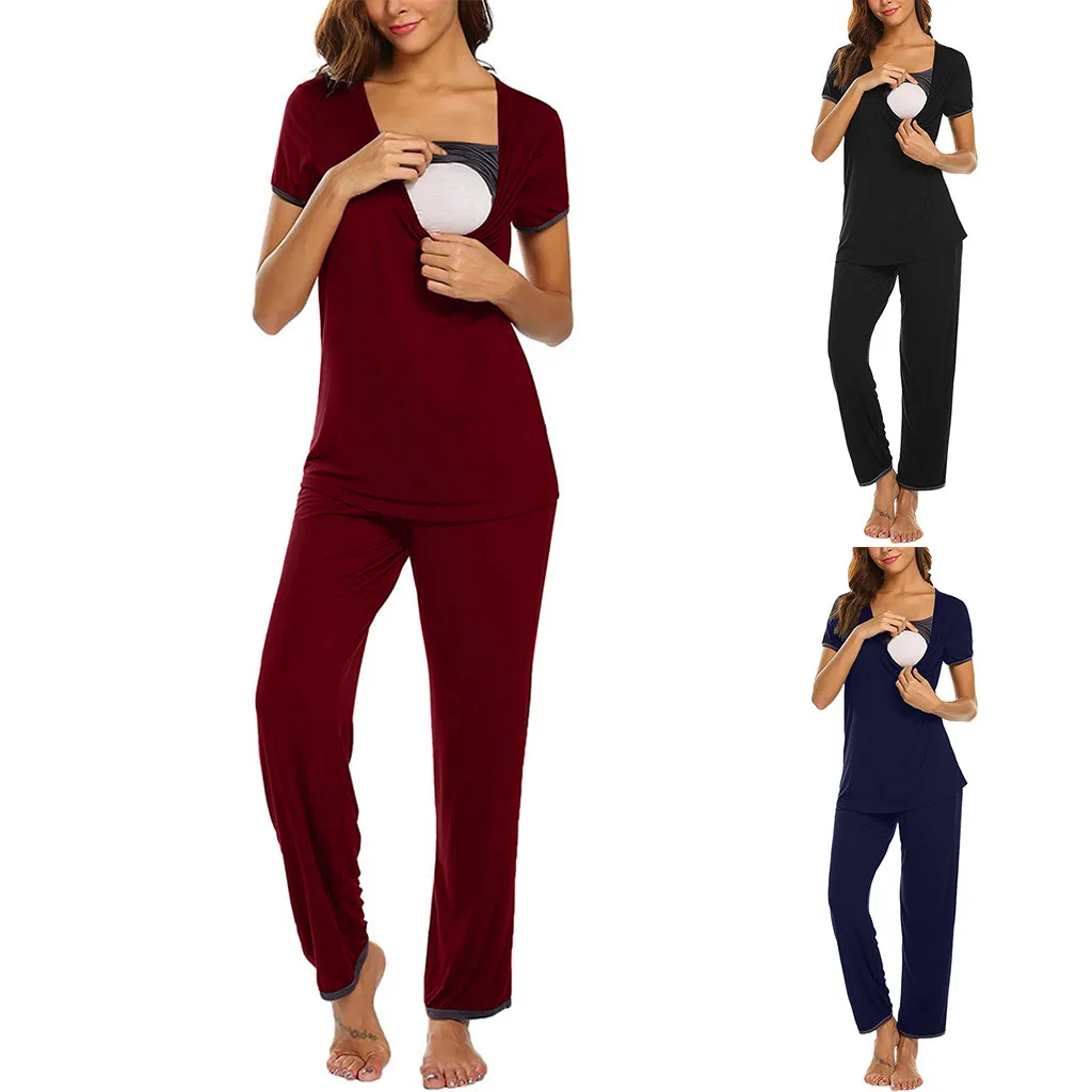 

LONSANT Pregnancy Clothes Solid Color Short Sleeve Nursing T-Shirt + Pant Pajama Suit lactancia ropa Maternity Clothes Drop Ship