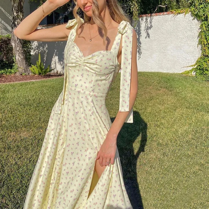 

Encrypted Floral Print Cottagecore Sleeveless Shoulder Strap Dress Party Sexy Open Back Elegant Split Dress Women 2021 Summer