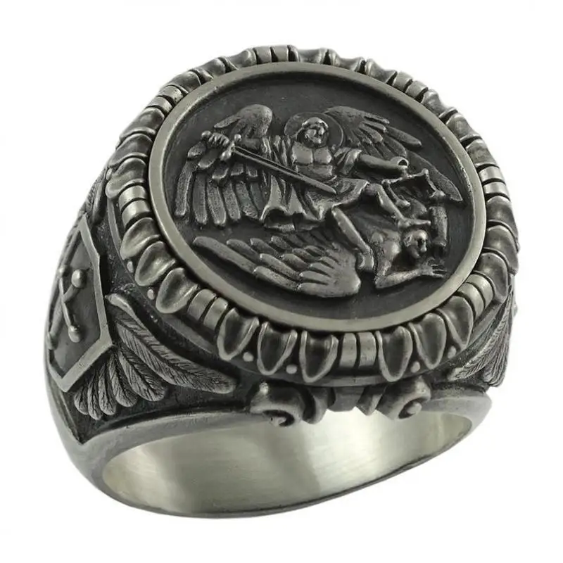

Vintage Fashion Men's Saint Michael The Archangel Ring Knight Guardian Angel Cross Punk Casual Party Ring Jewelry