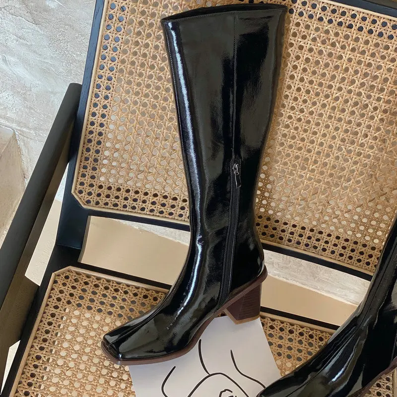 

New winter Mid-Calf boots Genuine leather Women boots knight Motorcycle boots Square head warm cowhide western snow boots Women