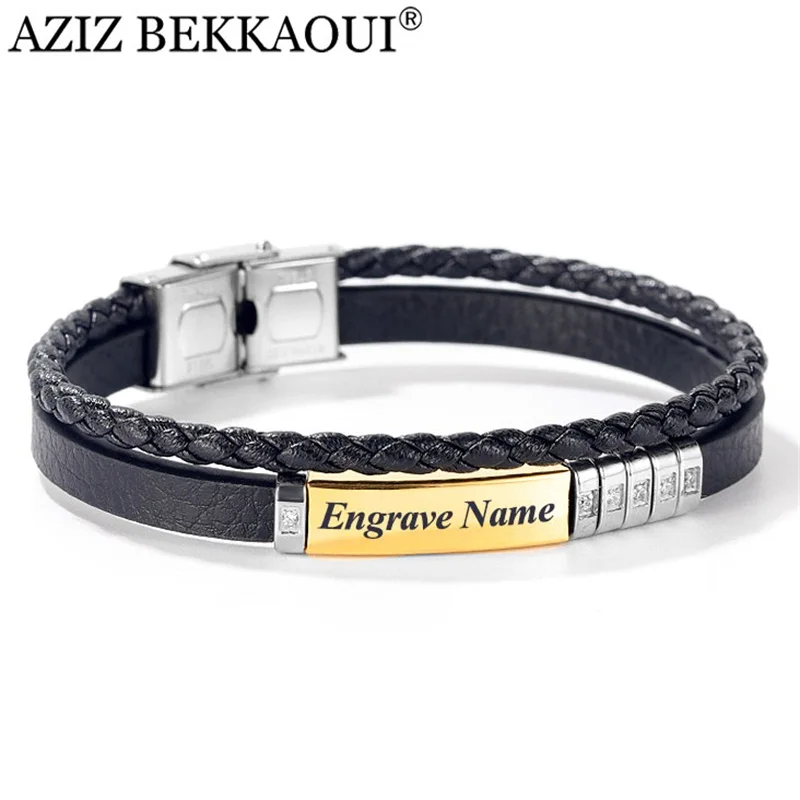 Кожаные браслеты AZIZ BEKKAOUI из нержавеющей стали для мужчин и женщин с бриллиантами