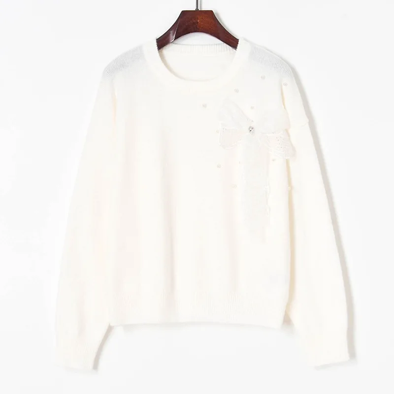 2021 Autum Winter New Sweet Lace Bead Bow Round Neck Knitted Sweater Girls OL Slim Pullover Women's dropshipping | Женская одежда