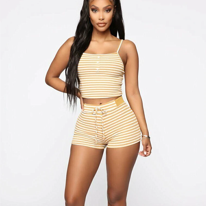 Женский летний комплект одежды для сна повседневный облегающий топ в полоску и