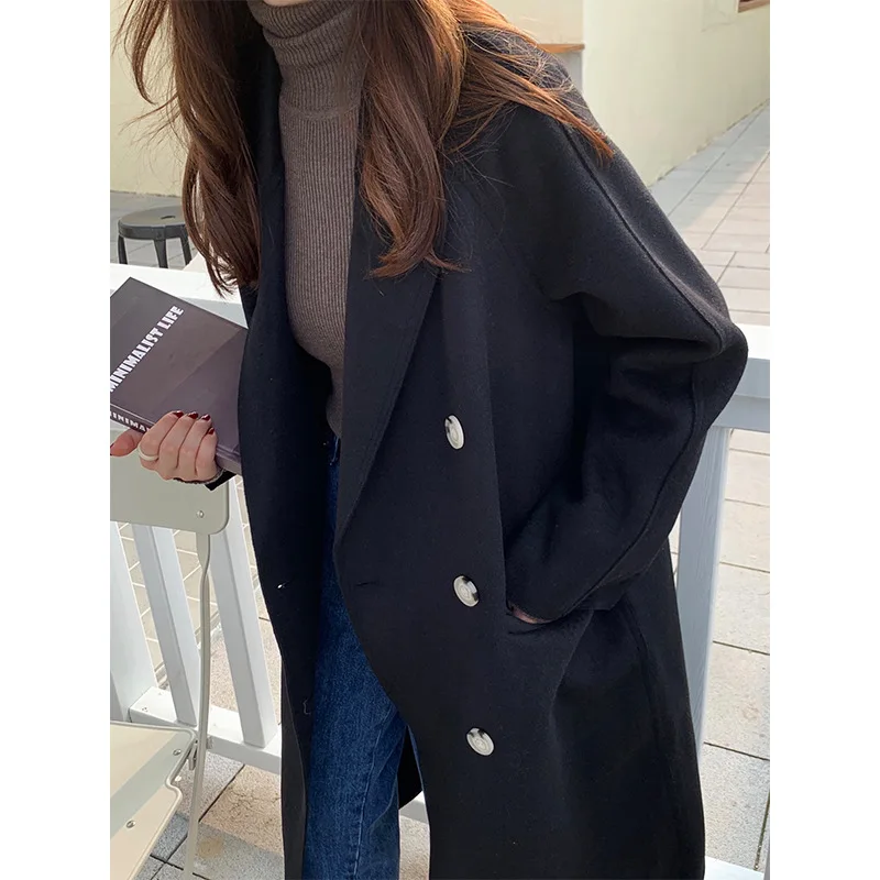 

new of fund of 2020 autumn winters double-breasted woolen cloth coat of long pure color female knee-high cloth coat