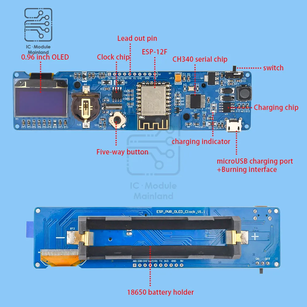 Модуль часов ESP8266 0 96 дюйма светодиодный экран LC-ESP-CLOCK-18650 8266 плата для разработки