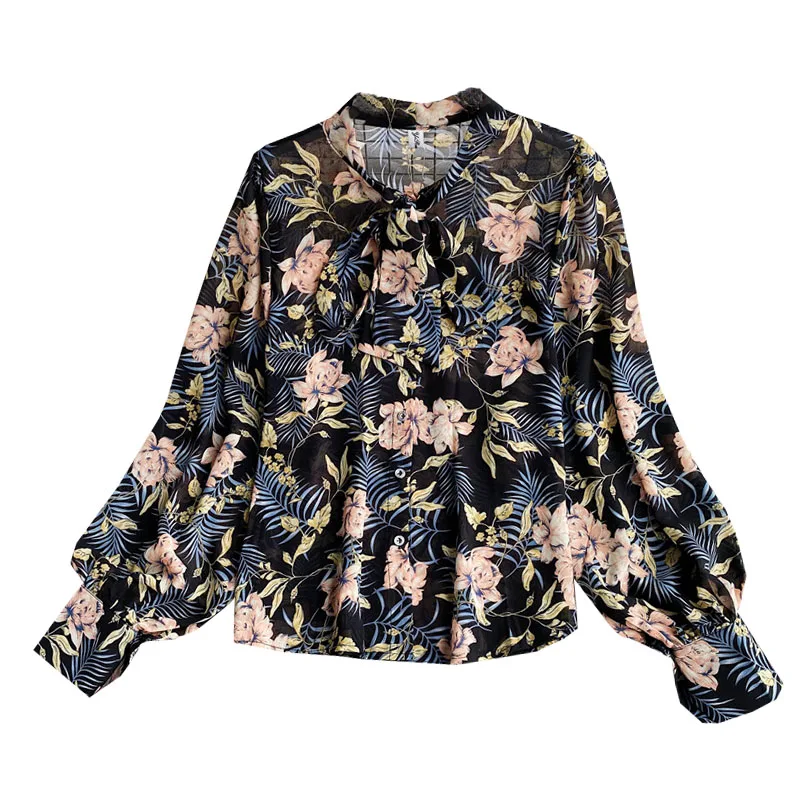 

Women Early Autumn Shirt New Long-sleeved Shirt Design Loose Japan Korean Style Printed Bow Chiffon Female Blusa Tops GX1104