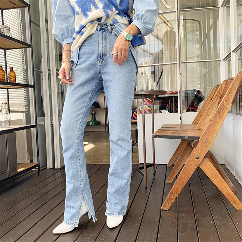 

2021 Autumn Fashion Women High Waist Denim Jeans Straight Jeans Side Split Jeans Vintage Female Long Capri Pants