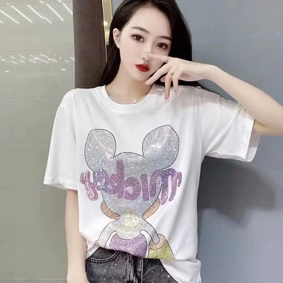 

Летние Новый стиль с принтом в виде букв для Горячая Стразы футболки с героями мультфильмов с короткими рукавами Для алмазы Свободные Кругл...