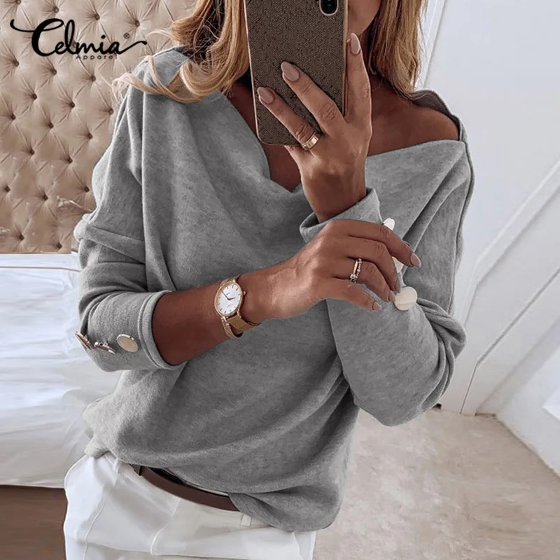 

Women Casual Loose Long Sleeve Pullover Celmia 2022 Autumn Fashion Off Shoulder Jumpers Elegant Lady Sweater T Shirt Streetwear