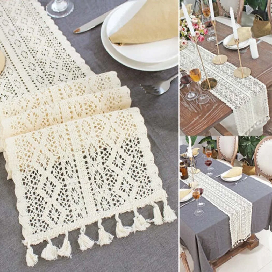 

Pastoral Crochet Knitting Hollow Table Cloth Lace Tassel Table Runner For Household Items In Stock Drop Shipping