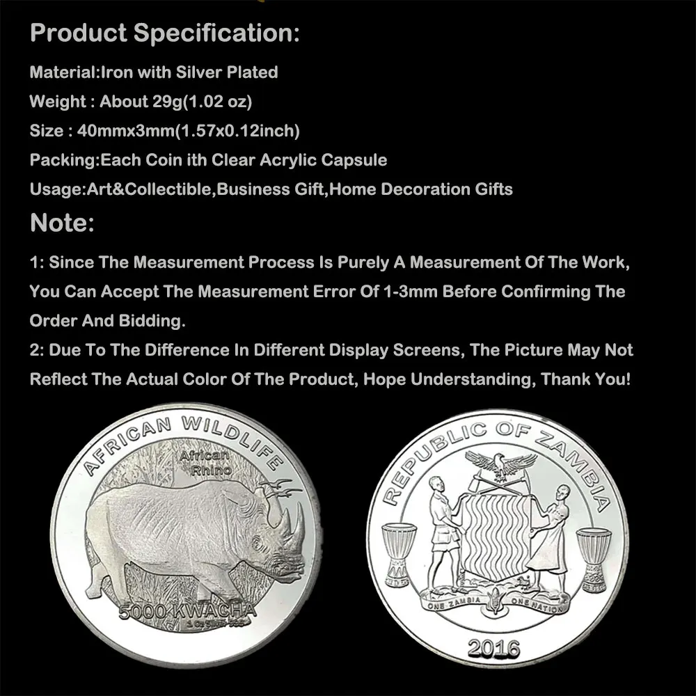 

SIlver Plated African Wildlife Rhino Zambia Kwacha Animal Souvenirs Coin Medal Collectible Challenge Coins Gift Challenger