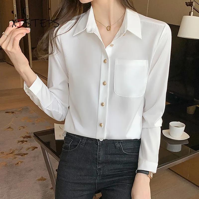 White Satin Blouses For Women 2021 Spring Ladies Office Work Wear Shirts Button Up OL Style Tops Femme Blusas Chiffon Clothes