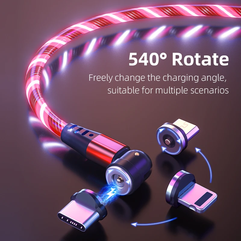 AUFU Flow Luminous Lighting USB Magnetic Cable for Samsung LED Micro Type C charger for iPhone Huawei Xiaomi Mobile Phone Cable