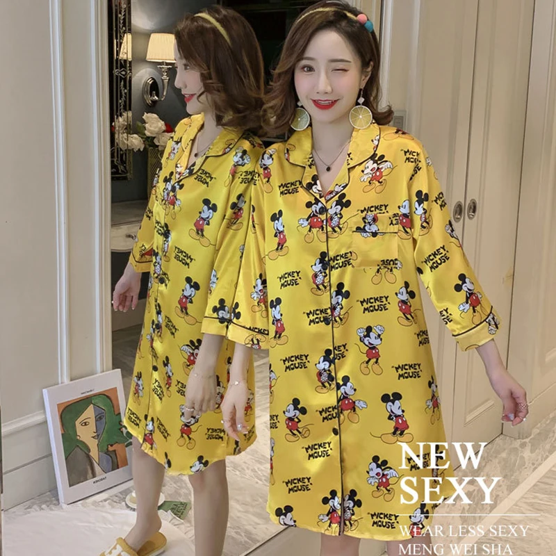 

Disney Cartoon Mickey Princess Printed Pajamas Women Summer Cute Cardigan Nightdress Ladies Plus Fat Plus Size Home Service