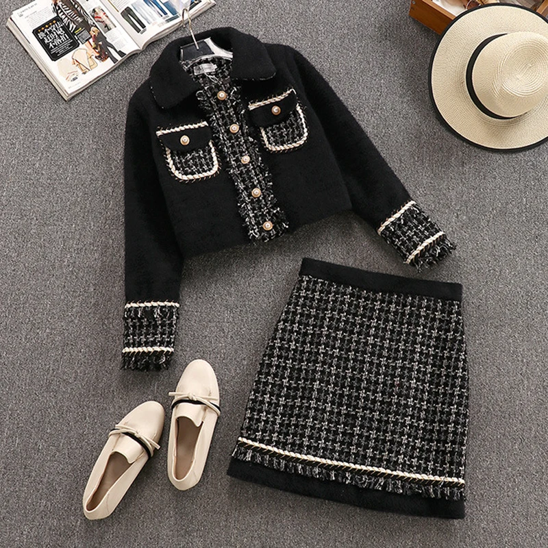 Твидовый зимний женский комплект из 2 предметов 2020 Высококачественная подиумная