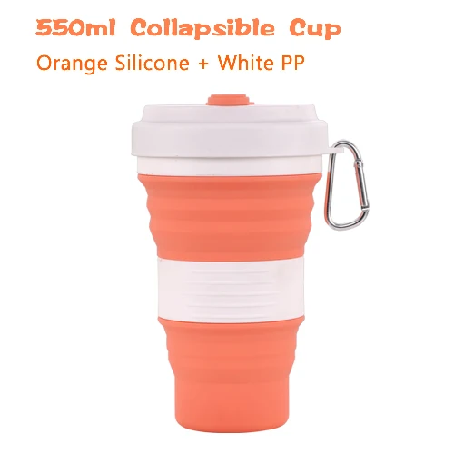 White Orange Дорожная силиконовая кружка, 550 мл, кофейные чашки, без бисфенола, складные, Кремнеземные, походные кружки, портативные, телескопические, для питья, складные, герметичные - Цвет: White Orange
